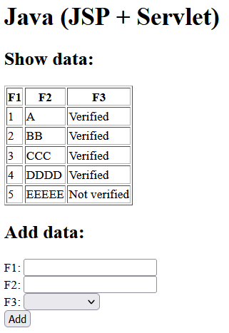 JSP + servlet screen